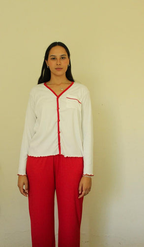 (Pijama Naty)Pijama pantalón rojo con blanco en liso HILOS DE MEILY